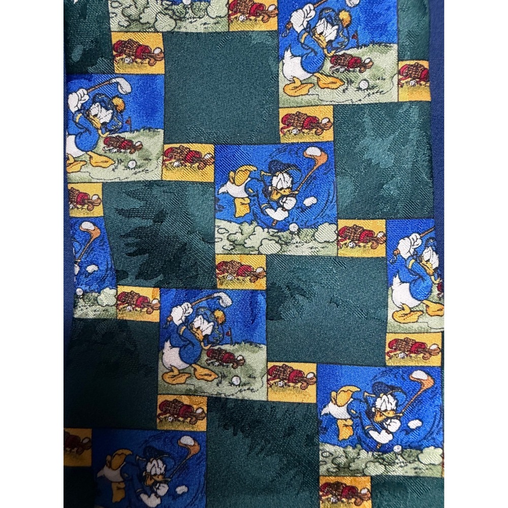 Disney Store Donald Duck Golf Silk Tie Green Blue Made in Italy Vintage - Picture 2 of 7
